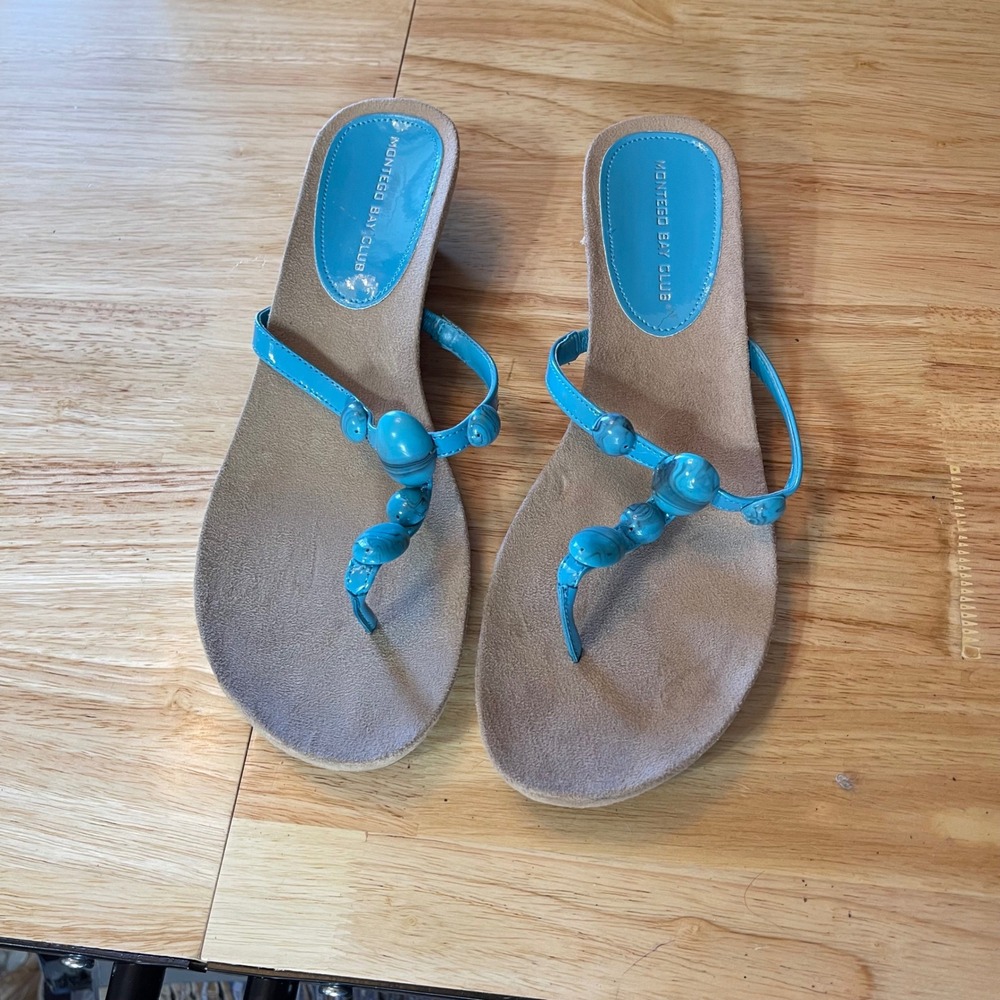 Montego Bay Club Womens Turquoise Beaded Thong Wedge Sandals 11 Blue Low Heel